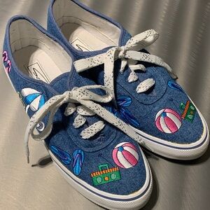 Sebastino Beach Themed Embroidered Denim Sneakers Size 8 1/2
